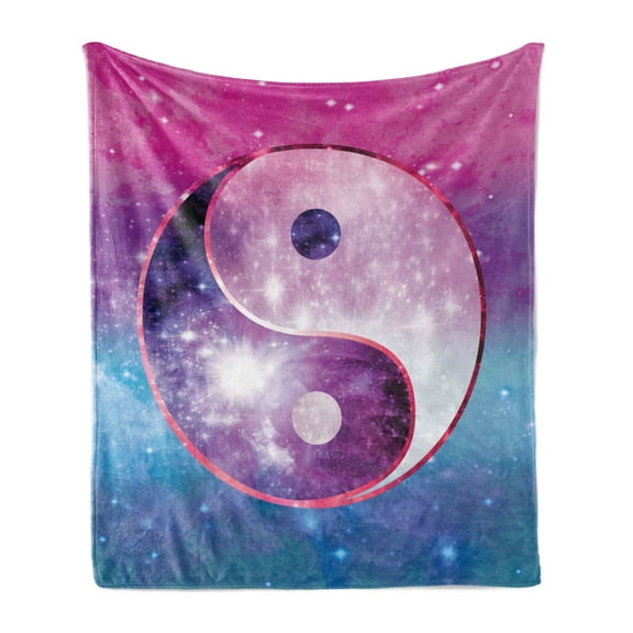Yin and Yang Soft Flannel Fleece Throw Blanket, Circular on Abstract Colorful Galactic Look Starry Background, Cozy Plush for Indoor and Outdoor Use, 70" x 90", Multicolor, by Ambesonne