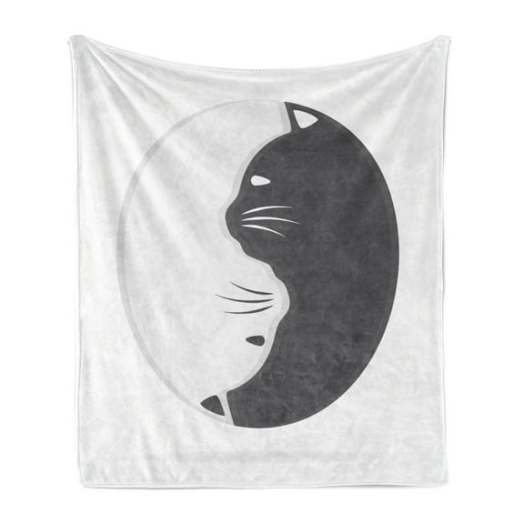 Yin Yang Soft Flannel Fleece Throw Blanket, Domestic Black and White Cat in Balance Together Digital Image, Cozy Plush for Indoor and Outdoor Use, 60" x 80", Pale Grey and Grey, by Ambesonne