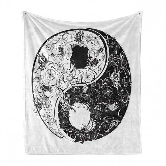 Yin Yang Soft Flannel Fleece Throw Blanket, Ornamented with Blossoming Spring Flowers Print, Cozy Plush for Indoor and Outdoor Use, 50" x 60", Dark Taupe and White, by Ambesonne