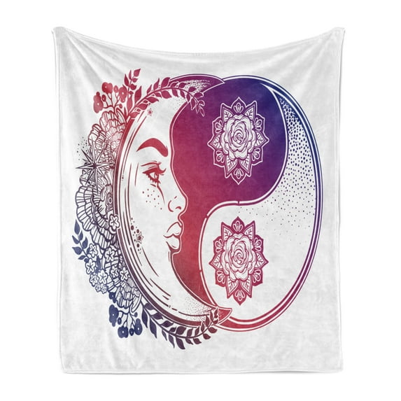 Yin Yang Soft Flannel Fleece Throw Blanket, Ornate Crescent Moon Motif Oriental Illustration, Cozy Plush for Indoor and Outdoor Use, 50" x 70", Dark Blue and Magenta, by Ambesonne