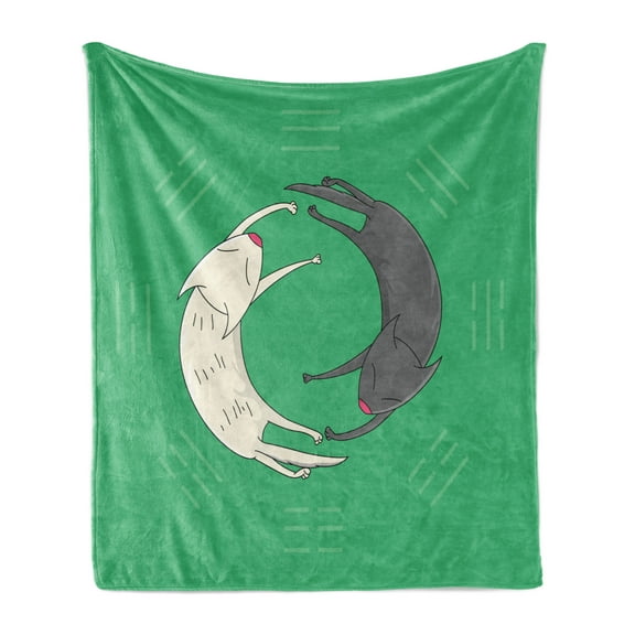 Yin Yang Soft Flannel Fleece Throw Blanket, Symbolic Image of 2 Sleeping Cats Forming Yin Yang Shape and Trigrams, Cozy Plush for Indoor and Outdoor Use, 50" x 60", Sea Green Grey White, by Ambesonne