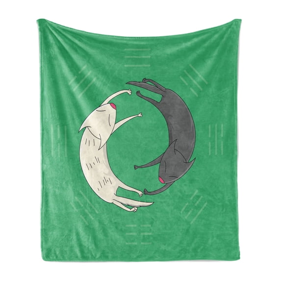 Yin Yang Soft Flannel Fleece Throw Blanket, Symbolic Image of 2 Sleeping Cats Forming Yin Yang Shape and Trigrams, Cozy Plush for Indoor and Outdoor Use, 60" x 80", Sea Green Grey White, by Ambesonne
