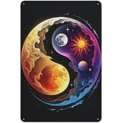 Yin Yang Sun Moon Universe Metal Wall Sign, Tai Chi Qigong Yoga Taoism Decor, 12 x 8 Inches