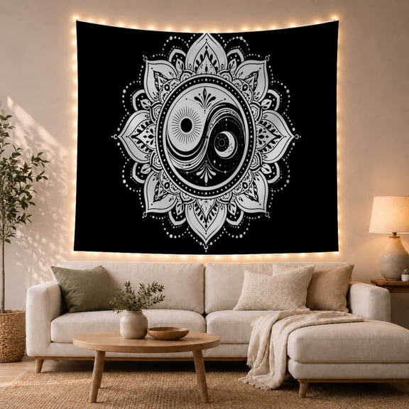 Yin-Yang Sun and Moon Within a Lotus Mandala, Serene Boho for Meditation Enthusiasts, Spiritual Wall Art, Housewarming Gift, Tapestry Wall Hanging for Bedroom and Yoga Room