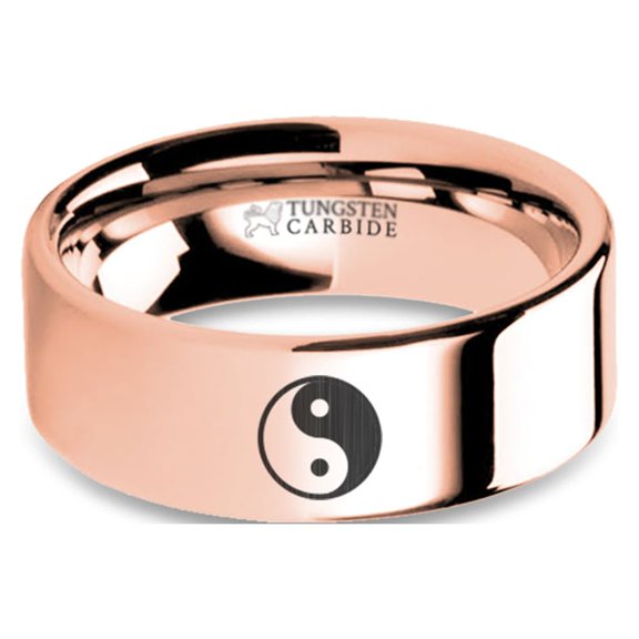 Yin Yang Symbol Engraved Rose Gold Plated Tungsten Wedding Ring, 8mm, Size 15.5