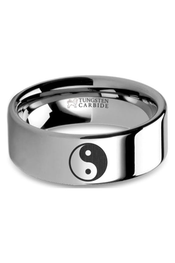 Yin Yang Symbol Laser Engraved Tungsten Carbide Wedding Band, 8mm, Size 16