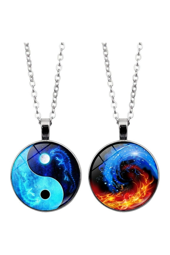 Yin Yang Tai Chi Necklace Jewelry Moon Dragon Cabochon Glass Pendant Chain Crystal Necklace for Men Women
