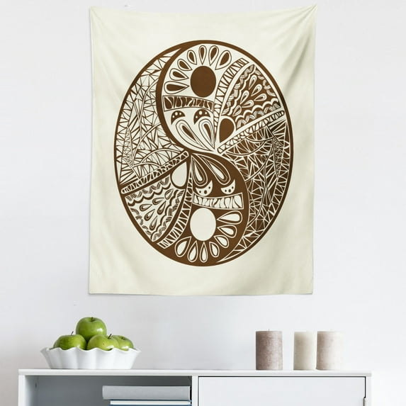 Yin Yang Tapestry, Abstract Yin Yang Ornamented with Hand-Drawn Triangles and Drop Shapes, Fabric Wall Hanging Decor for Bedroom Living Room Dorm, 5 Sizes, Chocolate and Eggshell, by Ambesonne