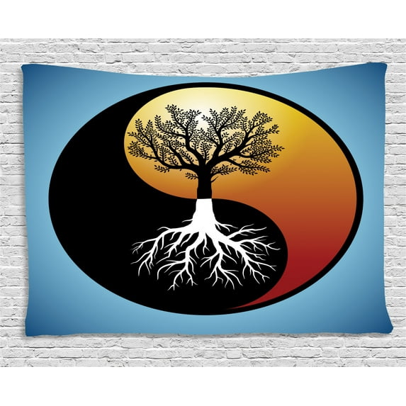 Yin Yang Tapestry, Contrast Tree of Life with Abstract Roots in Harmony with Yin Yang Symbol Print, Wall Hanging for Bedroom Living Room Dorm Decor, 80W X 60L Inches, Multicolor, by Ambesonne