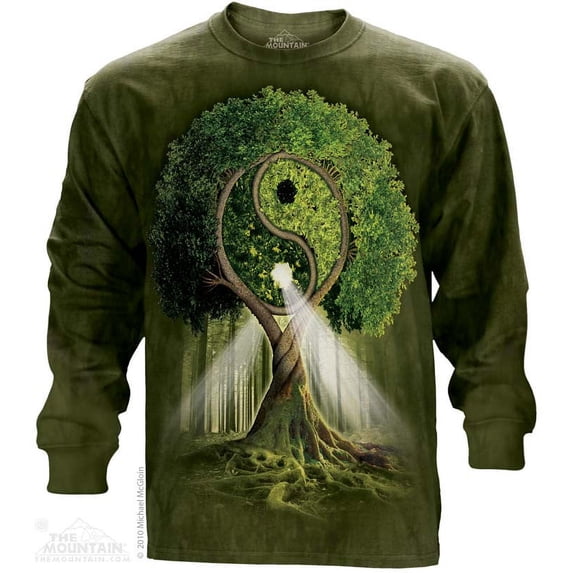 Yin Yang Tree Long Sleeve T-shirt Green Adult Unisex 100% Cotton Long Sleeve