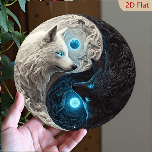 Yin Yang Wolves Celestial Balance Decor, 8" Round Aluminum Wall Art Sign, Metal Signs, Wall Decor For Kitchen, Door, Bedroom Decor, Best Gifts For Room, Home Decor, Weird Decor, 2D Flat