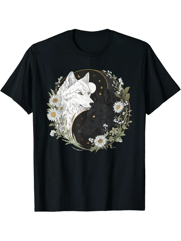 Yin Yang Wolves Floral Cottagecore T Shirt Size S-5XL