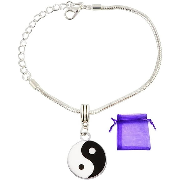 Yin and Yang Black and White Snake Chain Charm Bracelet