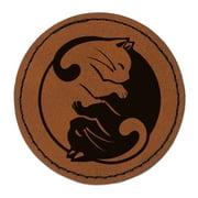Yin and Yang Cats Curled Up Together 2.5" Faux Leather Round Engraved Iron-On Patch - Brown