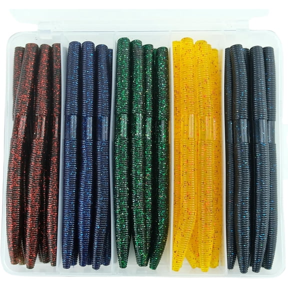 YinFire 40PCS 5.5 Inch Wacky Worm Soft Plastic Lures with Storage Box, Slow Fluttering Worm Baits Kit for Freshwater Saltwater Bass Trout Fishing