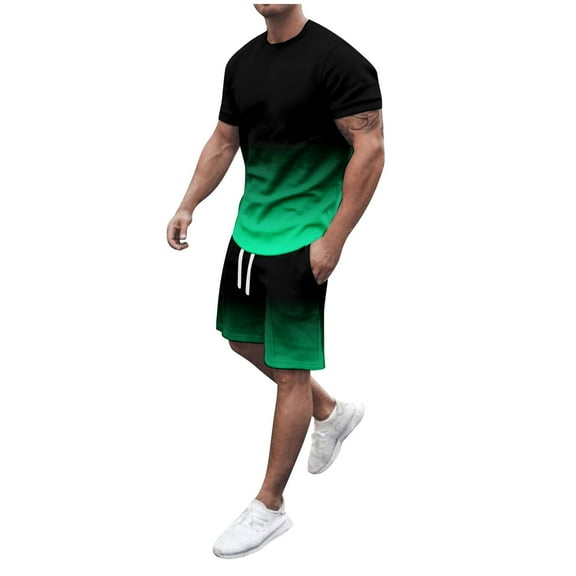 Yindaity 2 Piece Set for Men Summer Short Sleeve and Shorts Set Color Block Track Suit Casual Joggers Sets Big and Tall Shorts Set Green,XL