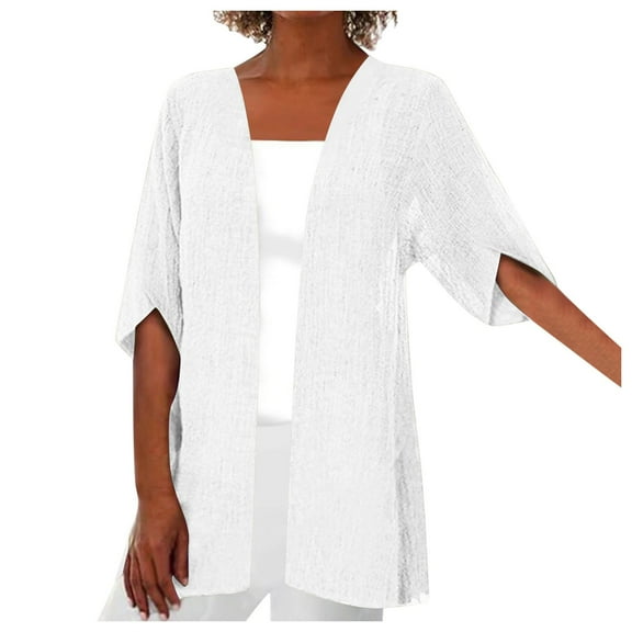 Yindaity 3/4 Sleeve Cardigan For Women Lightweight Linen Cotton Summer Cardigans Casual Loose Open Front Thin Sweaters Jacket (White,2XL)