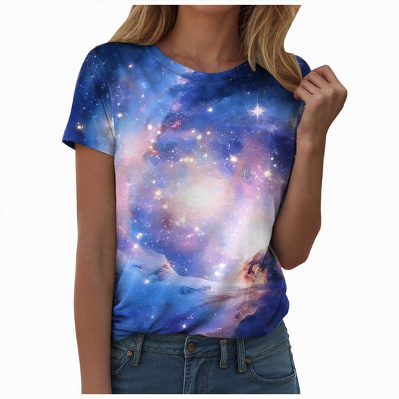 Yindaity 3D Graphic T Shirts for Women, Casual Crewneck Short Sleeve Tops Tees Womens Tshirt(Dark Blue,S)