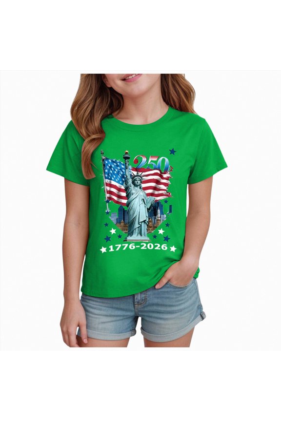 4th Of July Shirts Girl Girls 4th of July 4 Heart Flag US Independence Day Toddler T-Shirt(Green,13-14 Years)