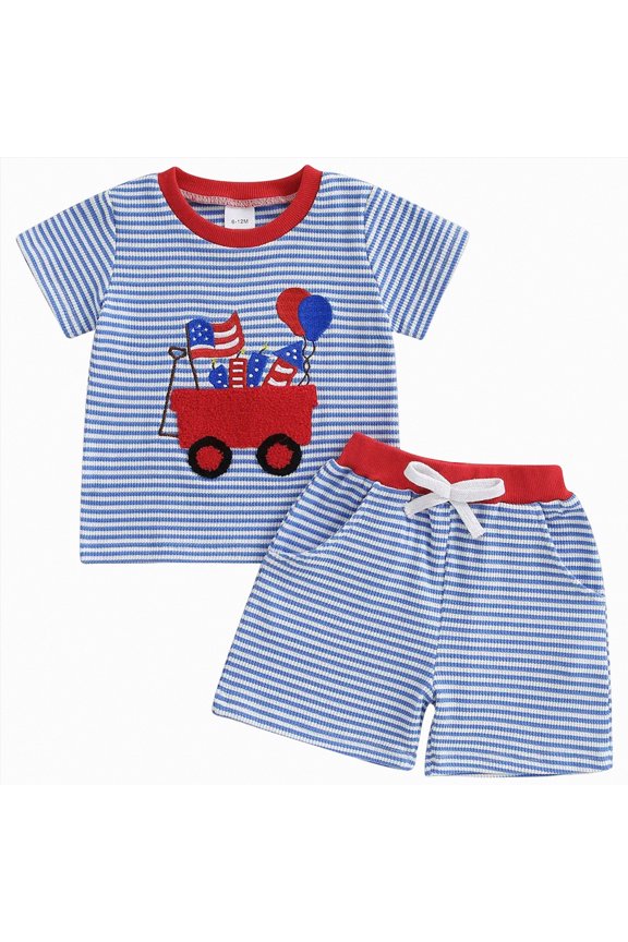 4th Of July Shirts Kids Boys Toddler Summer Outfit T-shirt Toddler Boy Summer Clothes Short Set(Blue,0-6 Months)