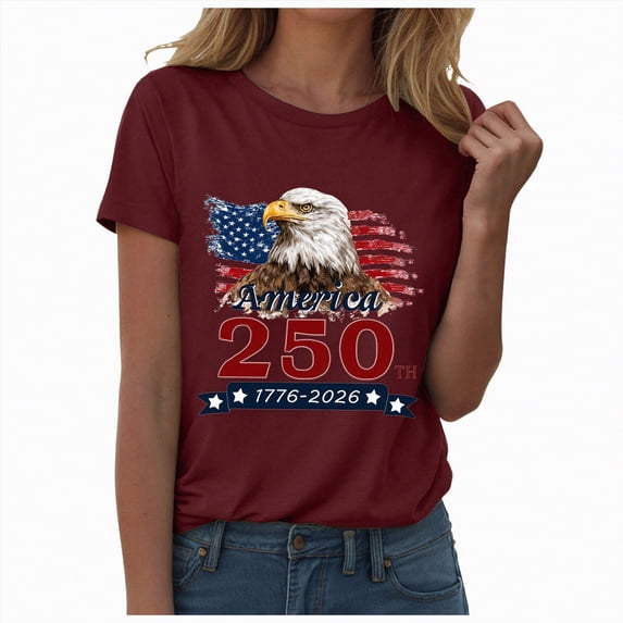 Yindaity American Flag T Shirt Women USA Shirt Women American Flag Shirts Patriotic T-Shirt America 250th Birthday Short Sleeve Tops(Wine,3XL)