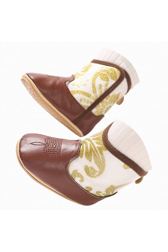 Baby Boots Baby Cowboy Cowgirl Boots Western Boots Toddler Boys Girls Round Toe Riding Mid Calf Boots All Seasons(Gold,3.5)