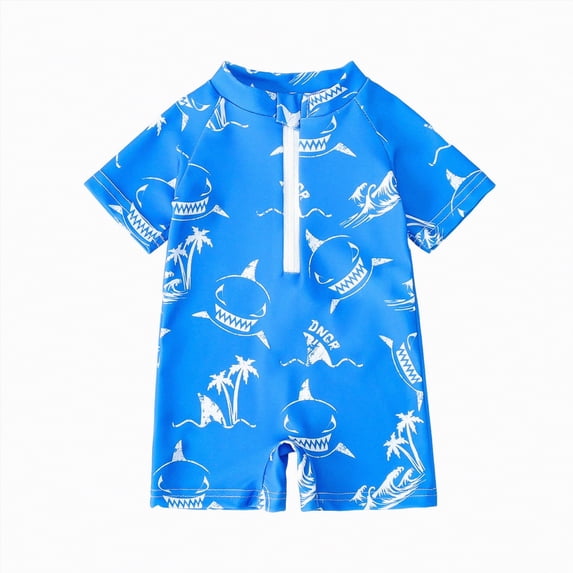 Yindaity Baby Boy Bathing Suit Toddler Boys Rash Guard Swimsuit Zipper Short Sleeve Bathing Suit for Kids(Blue,18-24 Months)