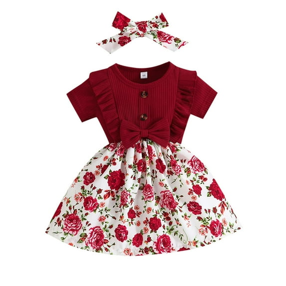 Yindaity Baby Girl Dress Summer Ruffle Sleeve Bowknot Floral Dresses Casual Sundress ,9-12 Months