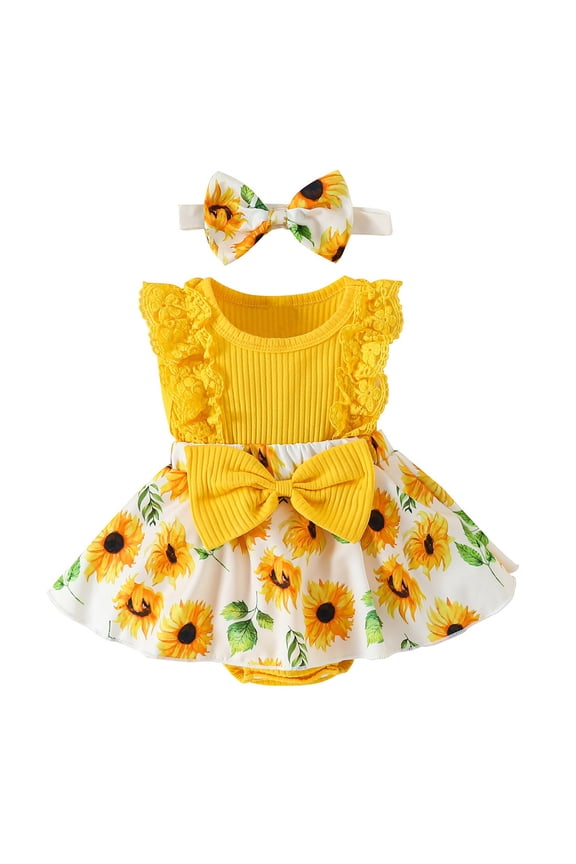 Baby Girl Dress Summer Ruffle Sleeve Bowknot Floral Dresses Casual Sundress Yellow,0-3 Months