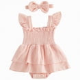 thumbnail image 1 of Yindaity Baby Girl Outfit Baby Girl's Floral Print Ruffles Romper Summer Clothes with Headband(Pink,12-18 Months), 1 of 7