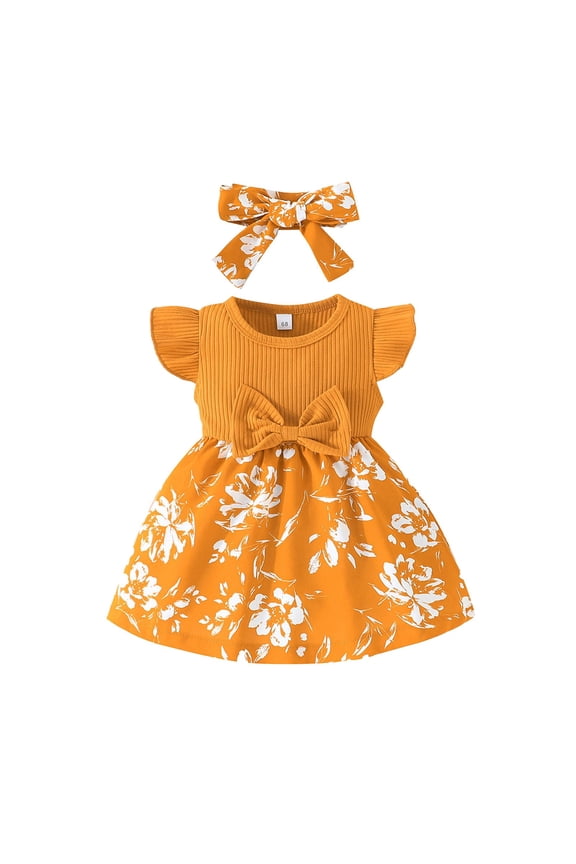 Baby Girl Romper Flower Dress Dresses Lace Ruffle Festival Clothes With Headband For 3 6 9 12 18 Months Baby Girl Outfits (Yellow,3-6 Months)
