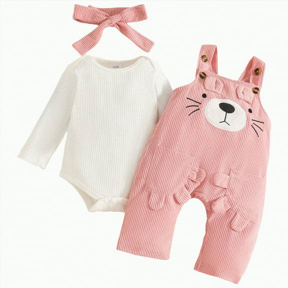 Yindaity Baby Girl Sets Suspender Jumpsuit Long Sleeve Ruffled Romper Cute Cartoon Pants Headband Fall Winter Outfits(Pink,6-12 Months)