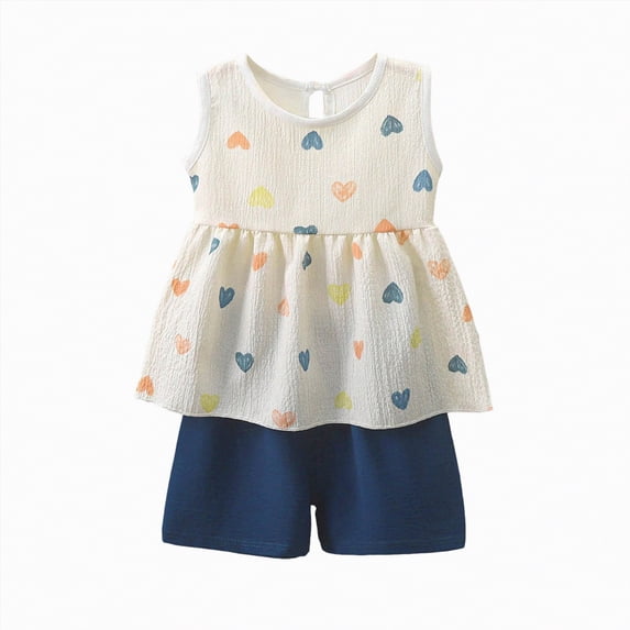 Yindaity Baby Girl Summer Clothes 18-24 Months Baby Girl Outfit Heart Flutter Sleeve Smocked Tops Bloomers Shorts Set 2Pcs Cotton Linen Clothes(Blue,6-12 Months)