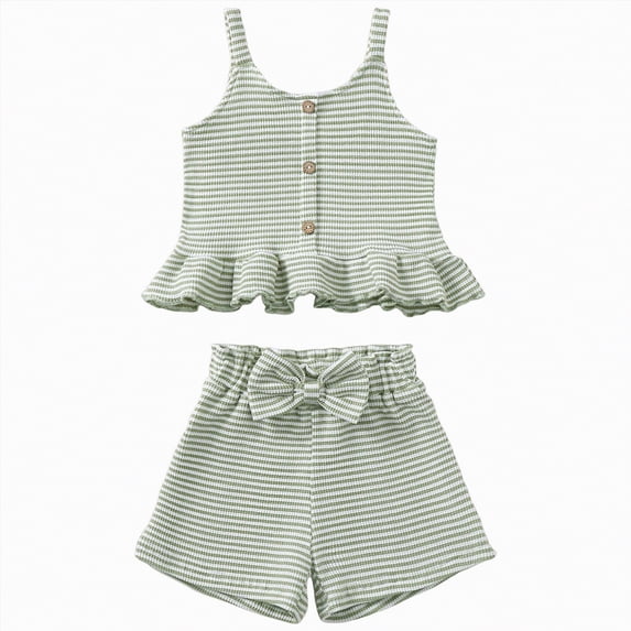 Yindaity Baby Girl Summer Outfit Summer Toddler Girl Clothes Baby Girl Ruffle Sleeveless Shirt with Buttons Bow Bloomers Shorts Set Cute Outfits(Light Green,3-4 Years)