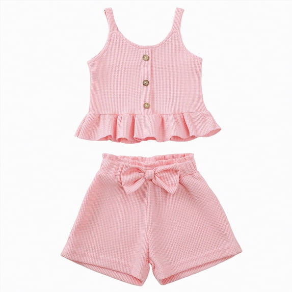 Yindaity Baby Girl Summer Outfits Toddler Baby Girls Clothes T-shirt + Linen Shorts with Belt Cute Summer Short Set(Pink,6-12 Months)