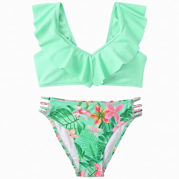 Yindaity Baby Girl Two Piece Swimsuit Waterfall Tankini Two Piece Swimsuit(Green,11-12 Years)