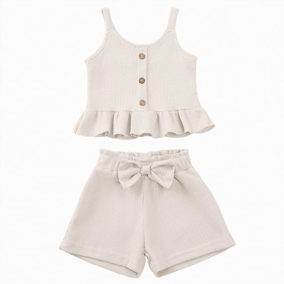 Yindaity Baby Girls Outfits Baby Girls Clothes T-shirt + Linen Shorts with Belt Cute Summer Short Set(Beige,12-18 Months)