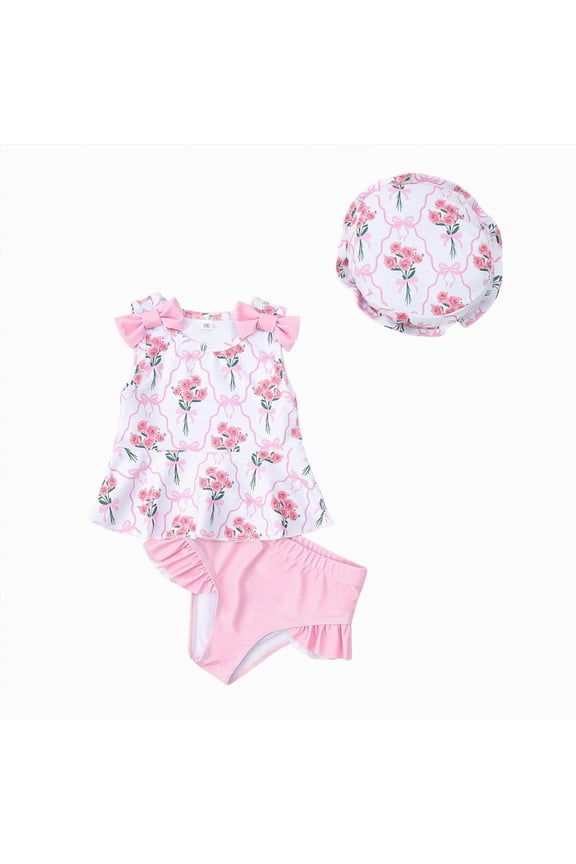 Baby Infant Swimsuit Girl Toddler Bathing Suit Girl Summer Beach Bikini Tankini Swimwear Hat Swimsuit Baby Girl(Pink,6-12 Months)