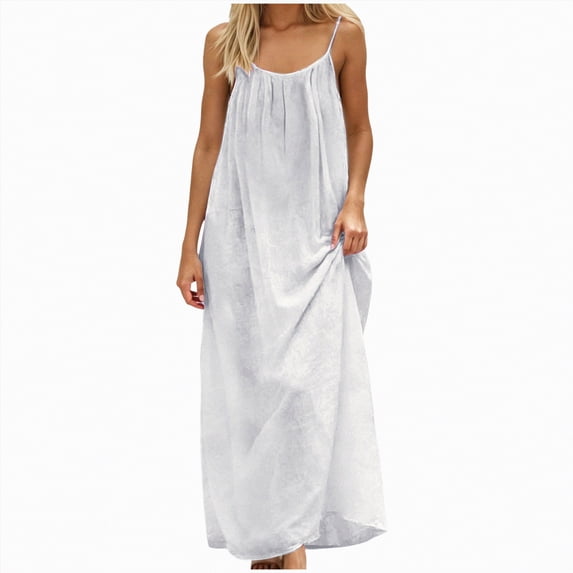 Yindaity Backless Dresses for Women Women's Summer Linen Maxi Dress Contrast Spaghetti Strap Dress Backless Casual Party Beach Dresses(White,S)