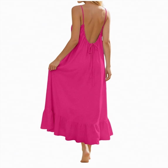 Yindaity Backless Halter Dress Women's Cutout Backless Maxi Dress Sexy Sleeveless Tight Slip Spaghetti Strap Long Dresses(Hot Pink,S)