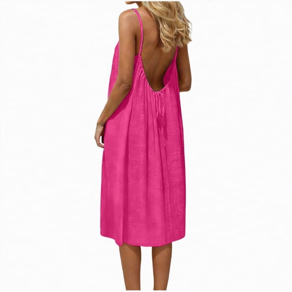 Yindaity Backless Maxi Dress Women's Spaghetti Strap Maxi Dress Summer Sleeveless Side Cut Out Dress Casual Boho Backless Flowy Long Dresses(Hot Pink,S)