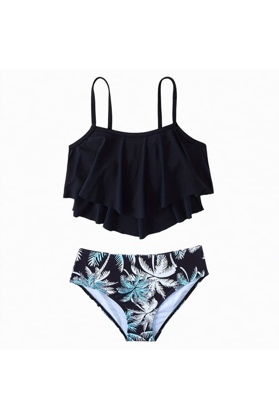 Girls Swimsuit Double Strap High Waist Sporty Bikini Swimsuits Swim Cover Up Skirt Girls' Two-Piece Swimwear(Black,11-12 Years)