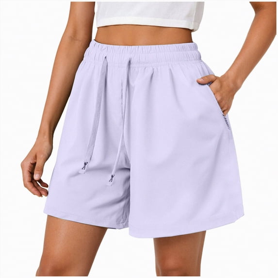 Yindaity Beach Shorts for Women Shorts for Women Summer Casual Ruffle Belted Waist Lightweight Adjustable Drawstring Loose with Pockets(Light Purple,3XL)