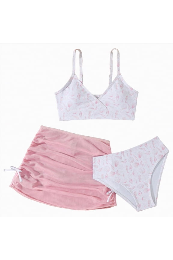 Bikinis for Girls Girls 3 Piece Swimsuits Bathing Suit Cute Ruffle Floral Print Bikini Set with Skirt Kids Swimwear(Pink,7-8 Years)