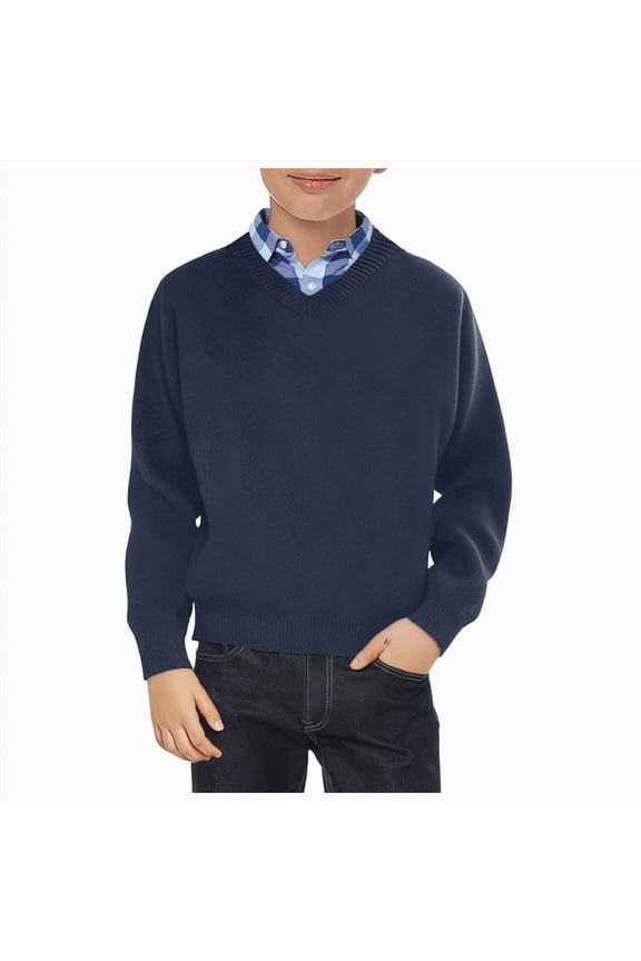 Boys Cardigan Boys School Uniform Sweater Kids Long Sleeve V Neck Pullover Fall Winter Clothes(Navy,5-6 Years)