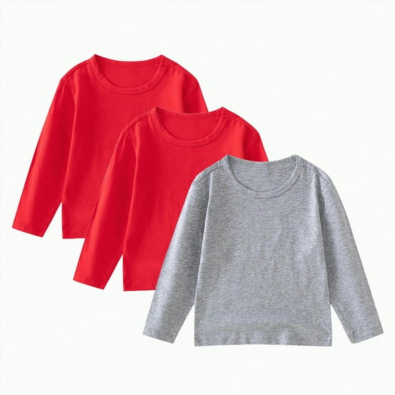 Yindaity Boys Cotton Long Sleeve Shirts – Unisex Kids Soft Crewneck Tshirts, Solid Casual Basic Layering Tee Toddler Boy Shirts(Red,2-3 Years)