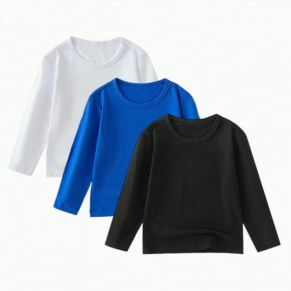 Yindaity Boys Long Sleeve Shirts Crewneck Cotton Kids T-Shirts Solid Color Basic Tee Tops Under Shirts for Boys(Dark Blue,5-6 Years)