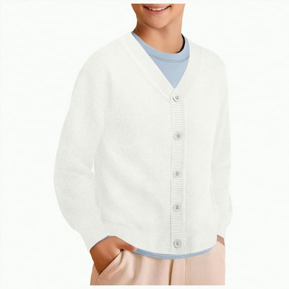 Yindaity Boys Uniform Sweater Boys Cute Cardigan 100% Cotton Knit Kids Cardigan Long Sleeve Crew Neck Button Sweaters for Boy Size 4-14(White,2-3 Years)