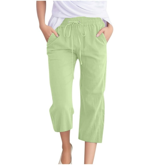 Yindaity Capri Pants for Women Casual 2024 Summer Drawstring Elastic High Waist Linen Pants Wide Leg Plus Size Lounge Capris Light Green,5XL