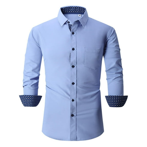 Yindaity Casual Long Sleeve Cotton Stretch Dress Shirts for Men Regular Fit Blue,L